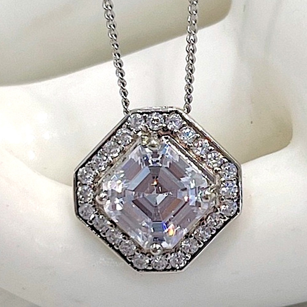 Sterling Silver Asscher Cut CZ Pendant 20” Necklace